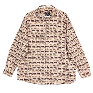 Woolrich Button Down Shirt 2XL 100% Cotton Brown Bison Moose Print Long Sleeve